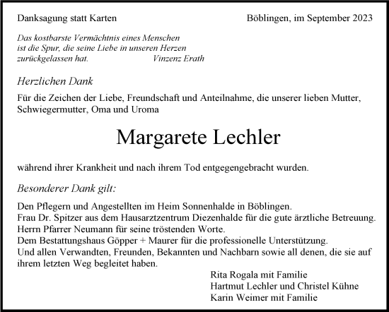 Traueranzeige von Margarete Lechler von Kreiszeitung Böblinger Bote