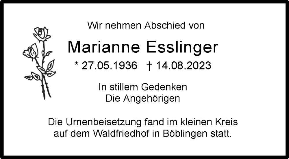  Traueranzeige für Marianne Esslinger vom 02.09.2023 aus Kreiszeitung Böblinger Bote