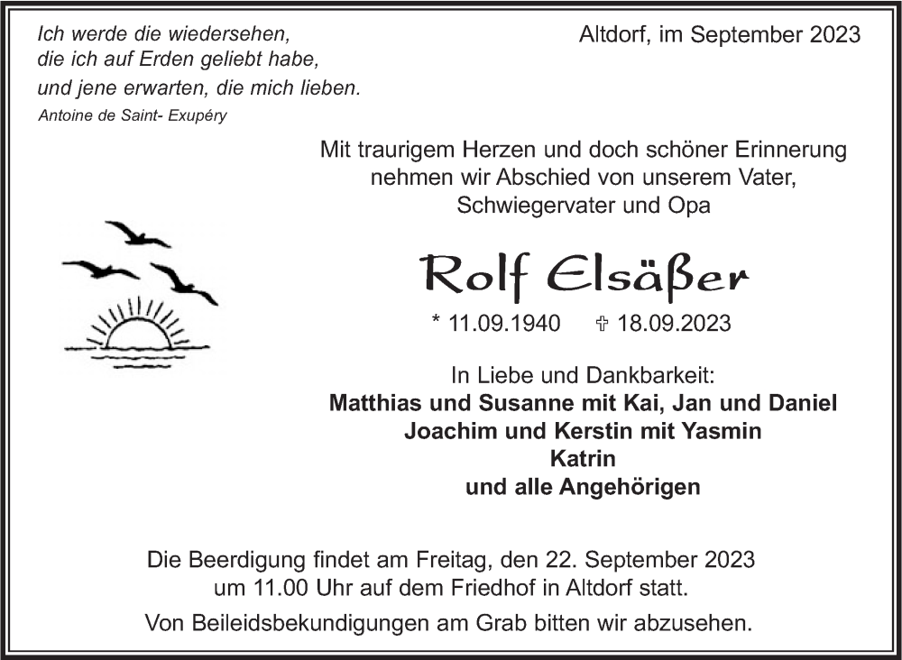  Traueranzeige für Rolf Elsäßer vom 21.09.2023 aus Kreiszeitung Böblinger Bote