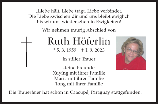 Traueranzeige von Ruth Höferlin von Kreiszeitung Böblinger Bote
