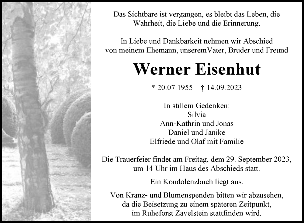  Traueranzeige für Werner Eisenhut vom 23.09.2023 aus Kreiszeitung Böblinger Bote
