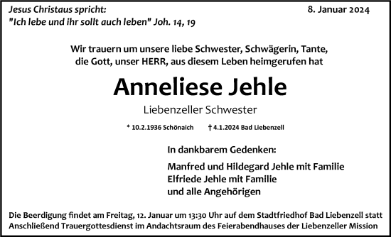 Traueranzeige von Anneliese Jehle von Kreiszeitung Böblinger Bote