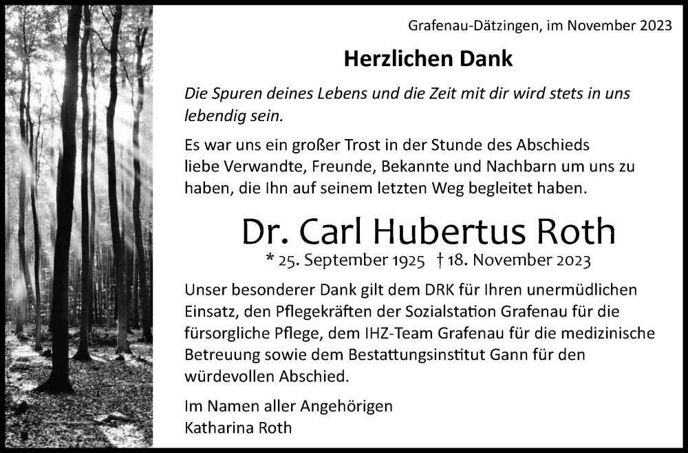  Traueranzeige für Carl Hubertus Roth vom 24.01.2024 aus Kreiszeitung Böblinger Bote
