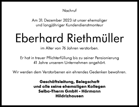 Traueranzeige von Eberhard Riethmüller von Kreiszeitung Böblinger Bote