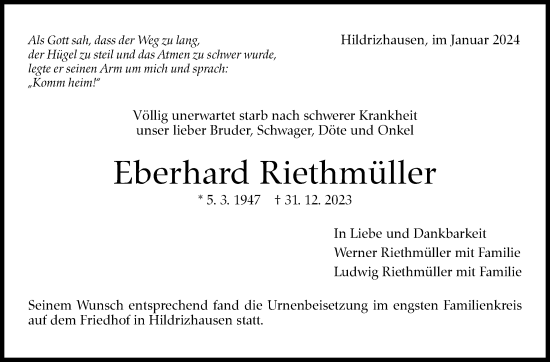 Traueranzeige von Eberhard Riethmüller von Kreiszeitung Böblinger Bote