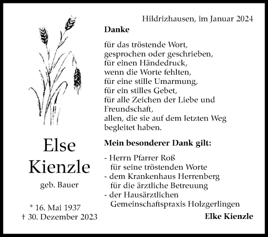 Traueranzeige von Else Kienzle von Kreiszeitung Böblinger Bote