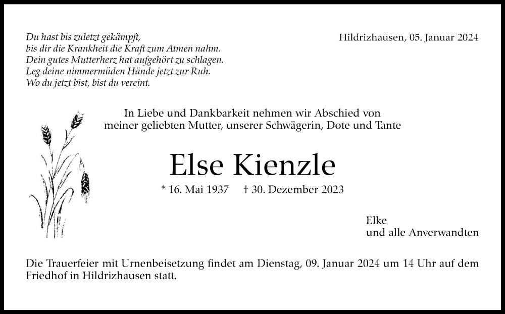  Traueranzeige für Else Kienzle vom 05.01.2024 aus Kreiszeitung Böblinger Bote