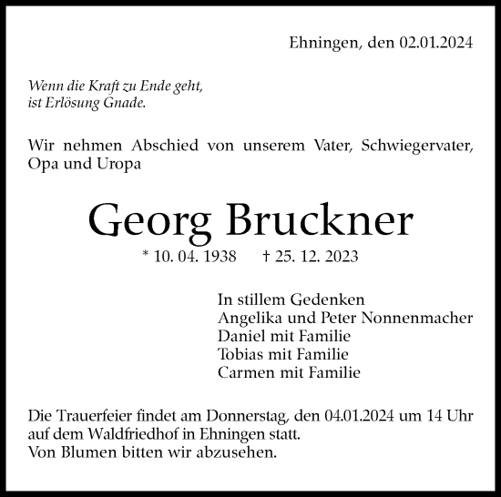 Traueranzeige von Georg Bruckner von Kreiszeitung Böblinger Bote