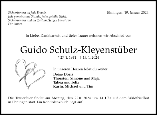 Traueranzeige von Guido Schulz-Kleyenstüber von Kreiszeitung Böblinger Bote