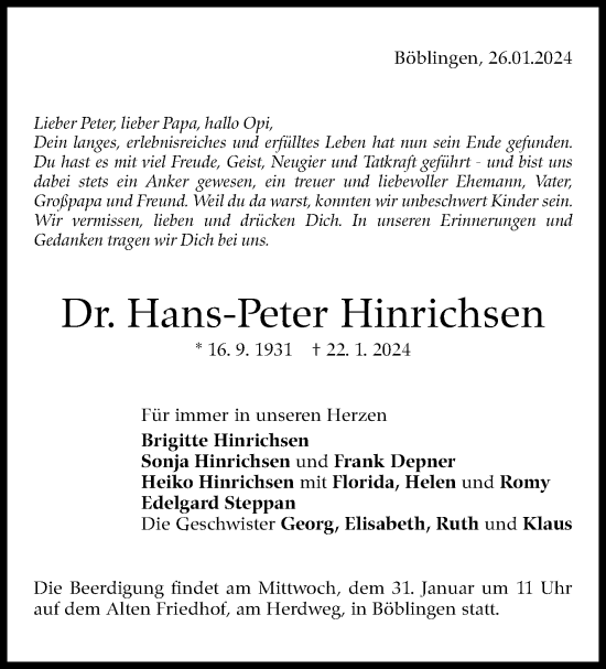 Traueranzeige von Hans-Peter Hinrichsen von Kreiszeitung Böblinger Bote