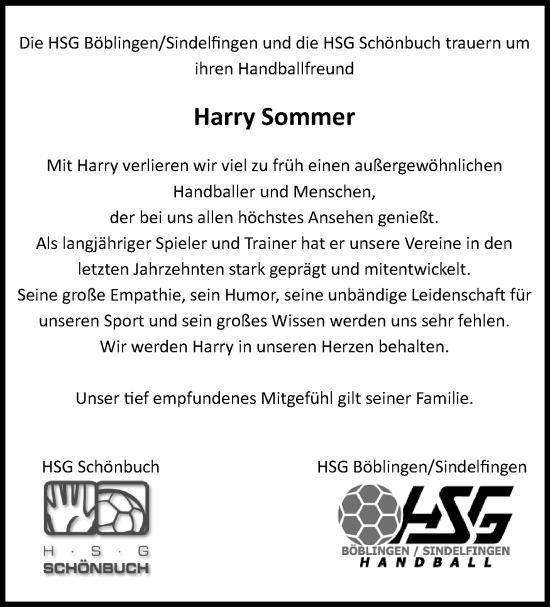 Traueranzeige von Harry Sommer von Kreiszeitung Böblinger Bote