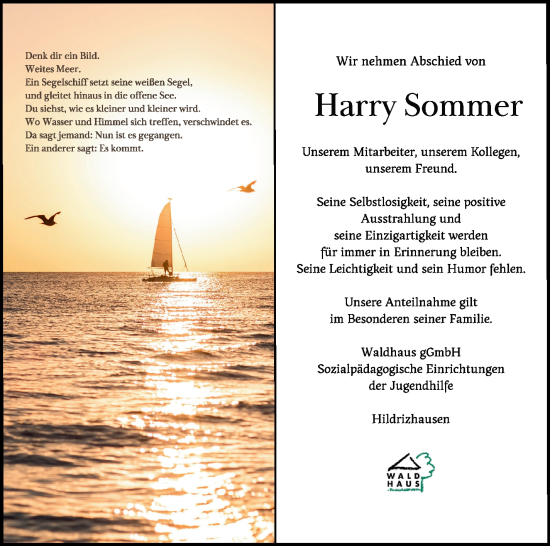Traueranzeige von Harry Sommer von Kreiszeitung Böblinger Bote