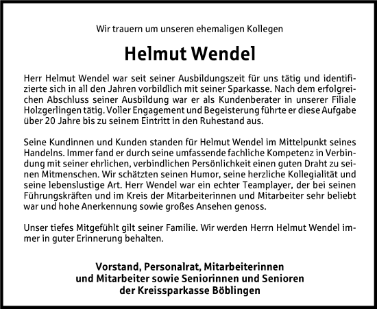 Traueranzeige von Helmut Wendel von Kreiszeitung Böblinger Bote