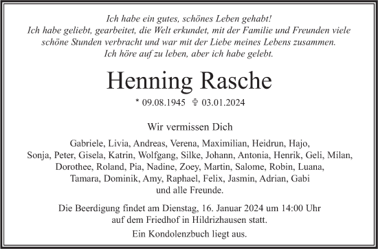 Traueranzeige von Henning Rasche von Kreiszeitung Böblinger Bote