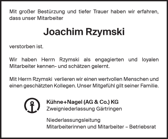Traueranzeige von Joachim Rzymski von Kreiszeitung Böblinger Bote