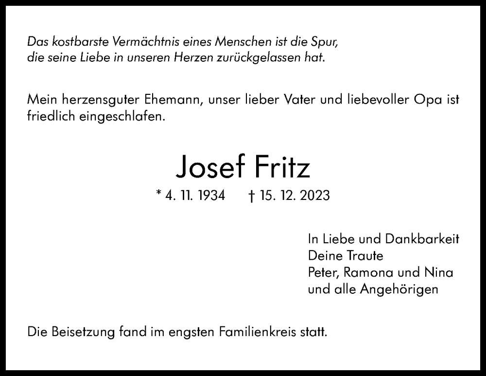  Traueranzeige für Josef Fritz vom 04.01.2024 aus Kreiszeitung Böblinger Bote
