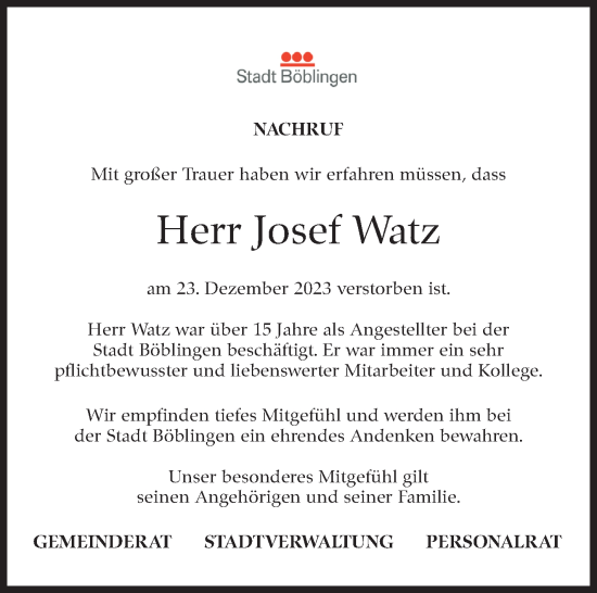 Traueranzeige von Josef Watz von Kreiszeitung Böblinger Bote