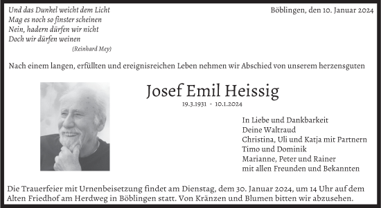 Traueranzeige von Josef Emil Heissig von Kreiszeitung Böblinger Bote