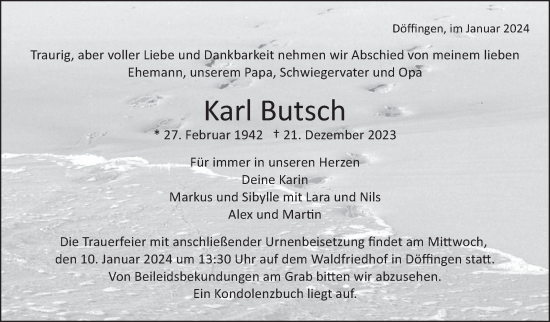 Traueranzeige von Karl Butsch von Kreiszeitung Böblinger Bote