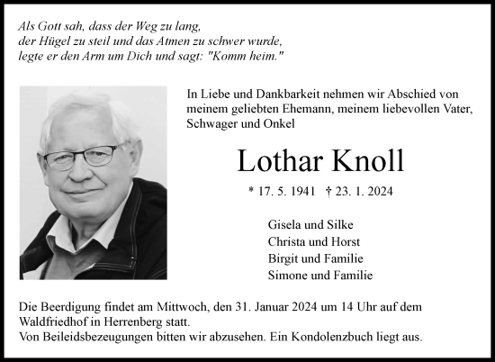 Traueranzeige von Lothar Knoll von Kreiszeitung Böblinger Bote