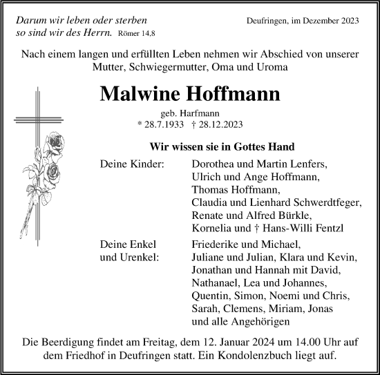Traueranzeige von Malwine Hoffmann von Kreiszeitung Böblinger Bote