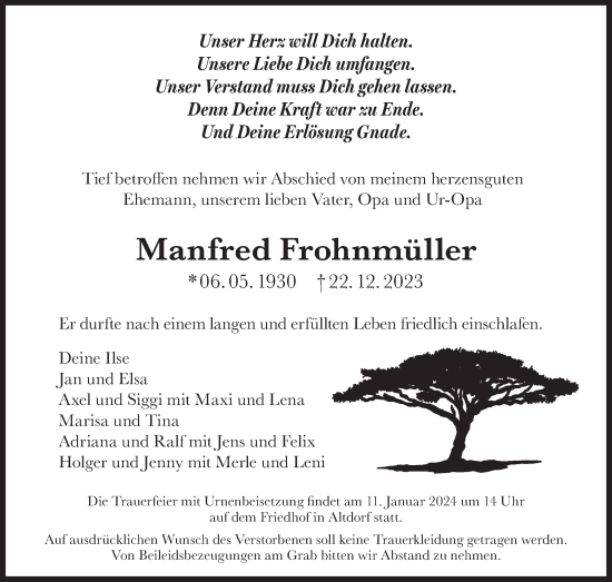 Traueranzeige von Manfred Frohnmüller von Kreiszeitung Böblinger Bote