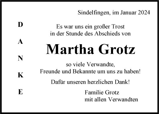 Traueranzeige von Martha Grotz von Kreiszeitung Böblinger Bote