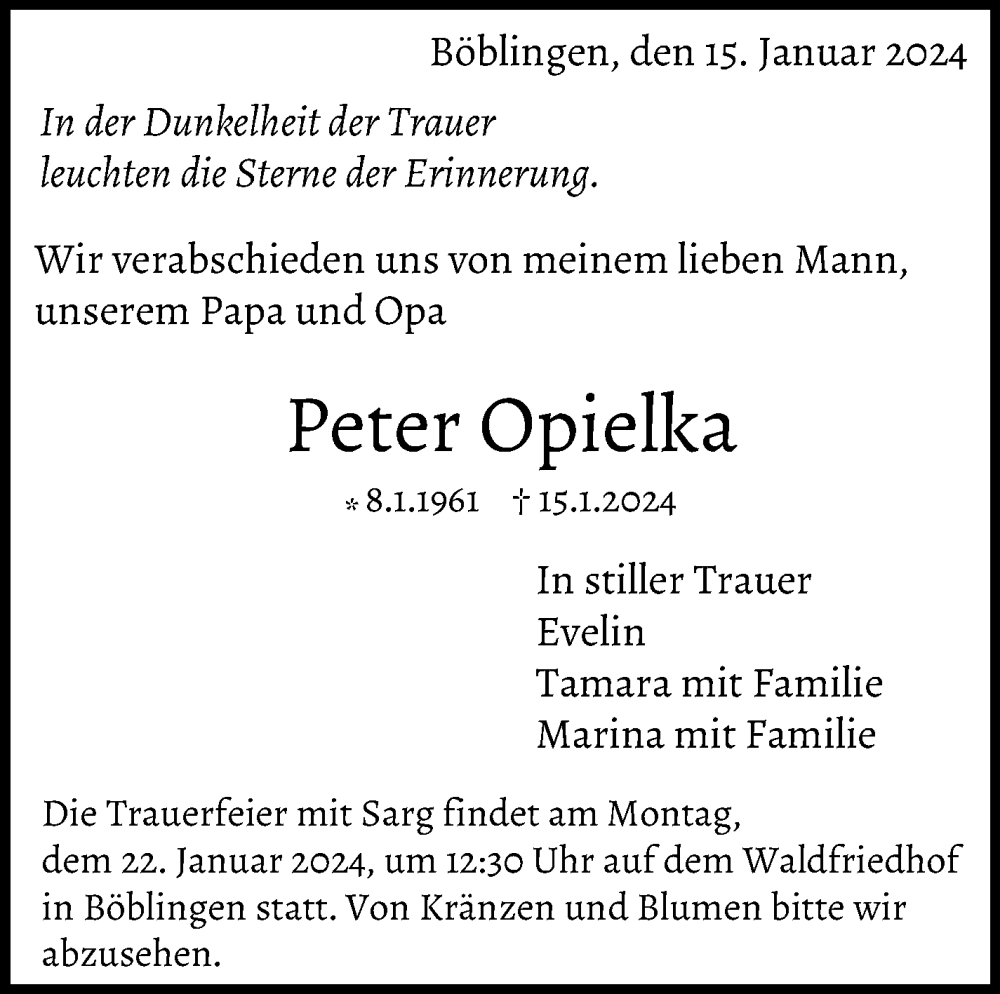  Traueranzeige für Peter Opielka vom 19.01.2024 aus Kreiszeitung Böblinger Bote