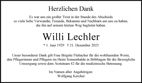 Traueranzeige von Willi Lechler von Kreiszeitung Böblinger Bote