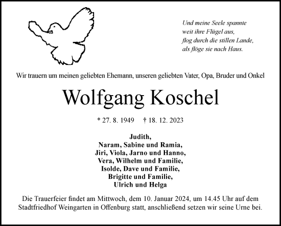 Traueranzeige von Wolfgang Koschel von Kreiszeitung Böblinger Bote