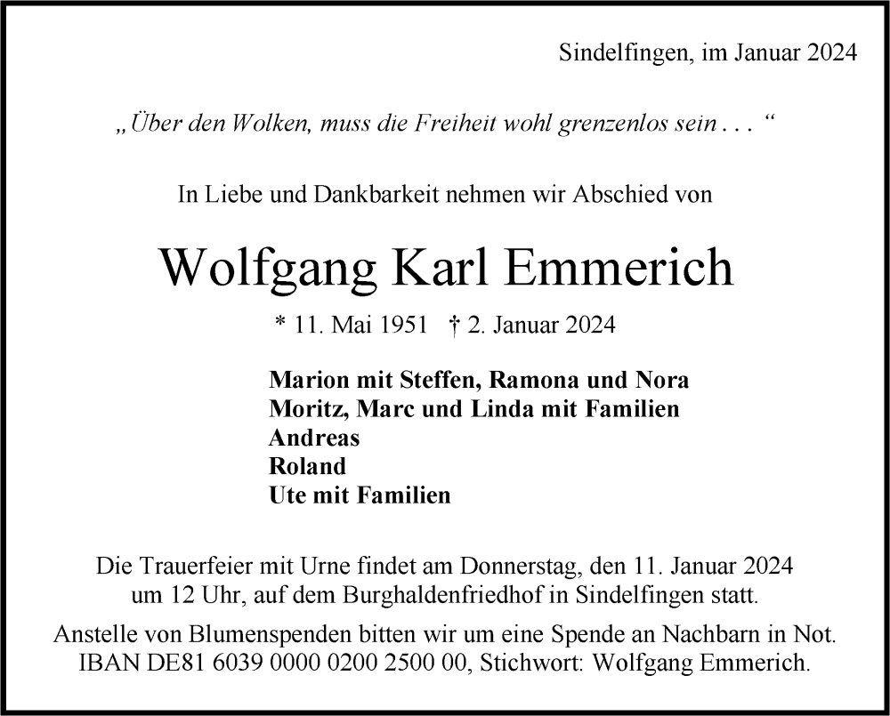  Traueranzeige für Wolfgang Karl Emmerich vom 09.01.2024 aus Kreiszeitung Böblinger Bote