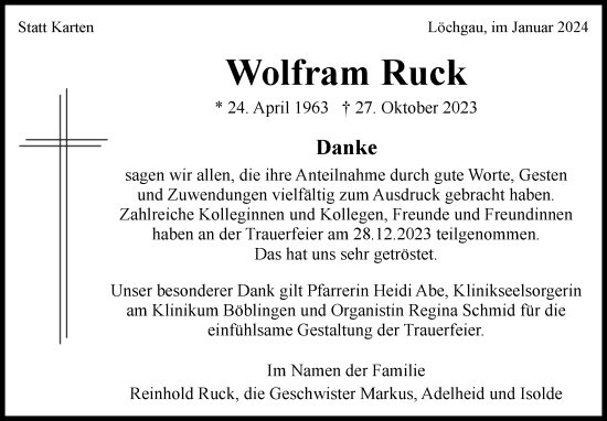 Traueranzeige von Wolfram Ruck von Kreiszeitung Böblinger Bote