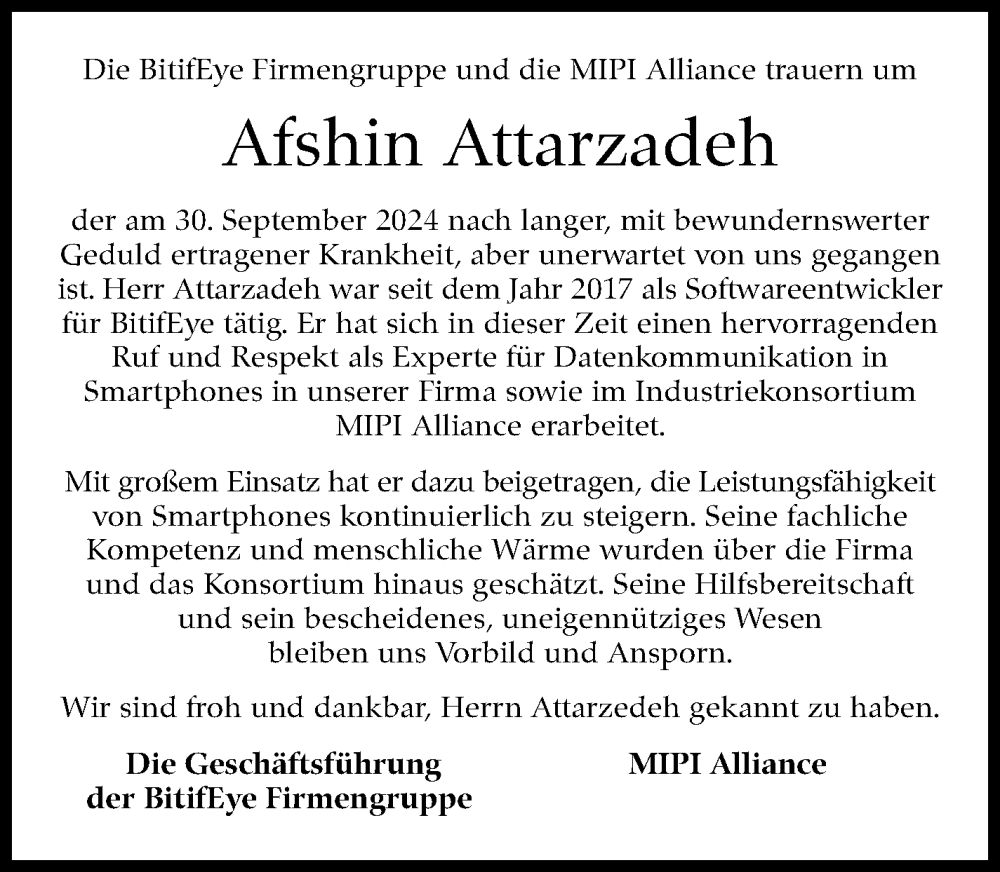 Traueranzeige für Afshin Attarzadeh vom 26.10.2024 aus Kreiszeitung Böblinger Bote