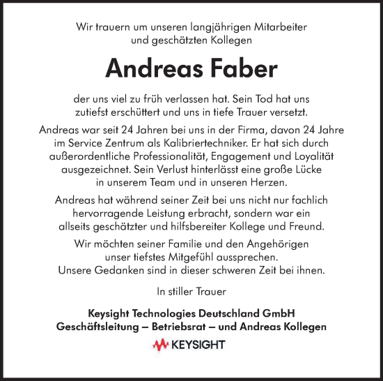 Traueranzeige von Andreas Faber von Kreiszeitung Böblinger Bote