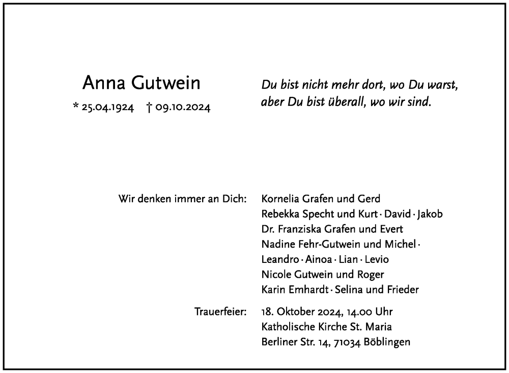  Traueranzeige für Anna Gutwein vom 15.10.2024 aus Kreiszeitung Böblinger Bote