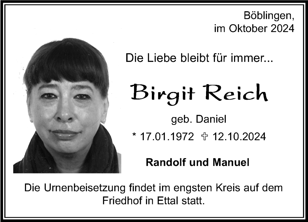  Traueranzeige für Birgit Reich vom 24.10.2024 aus Kreiszeitung Böblinger Bote