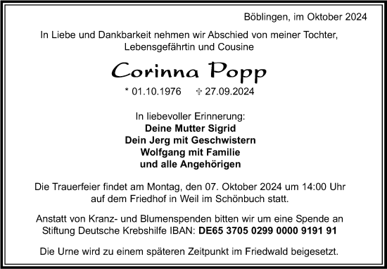 Traueranzeige von Corinna Popp von Kreiszeitung Böblinger Bote
