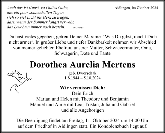 Traueranzeige von Dorothea Aurelia Mertens von Kreiszeitung Böblinger Bote