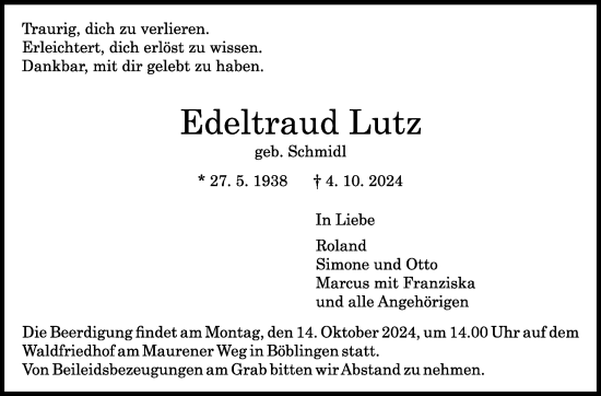 Traueranzeige von Edeltraud Lutz von Kreiszeitung Böblinger Bote
