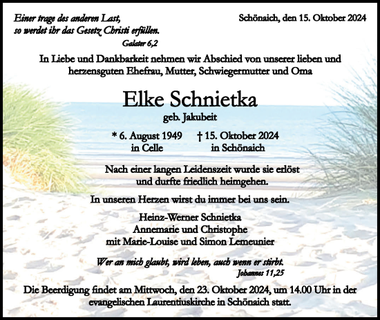 Traueranzeige von Elke Schnietka von Kreiszeitung Böblinger Bote