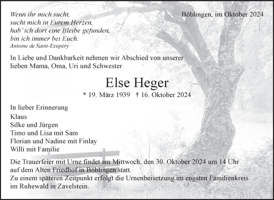 Traueranzeige von Else Heger von Kreiszeitung Böblinger Bote