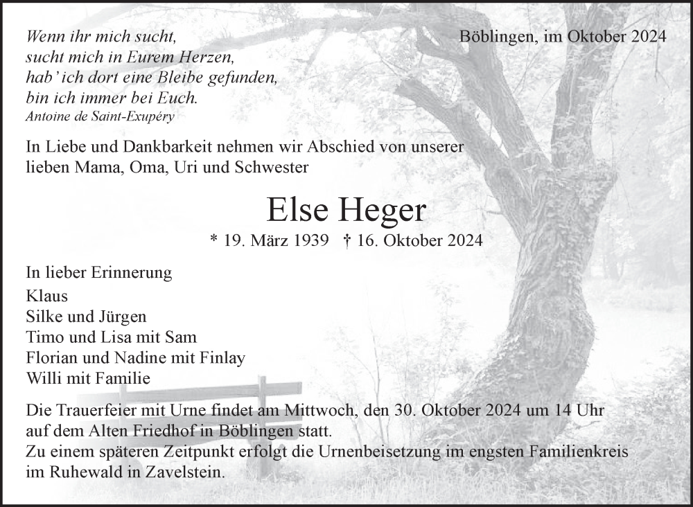  Traueranzeige für Else Heger vom 21.10.2024 aus Kreiszeitung Böblinger Bote