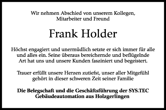 Traueranzeige von Frank Holder von Kreiszeitung Böblinger Bote