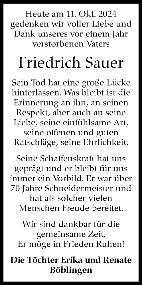 Traueranzeige von Friedrich Sauer von Kreiszeitung Böblinger Bote