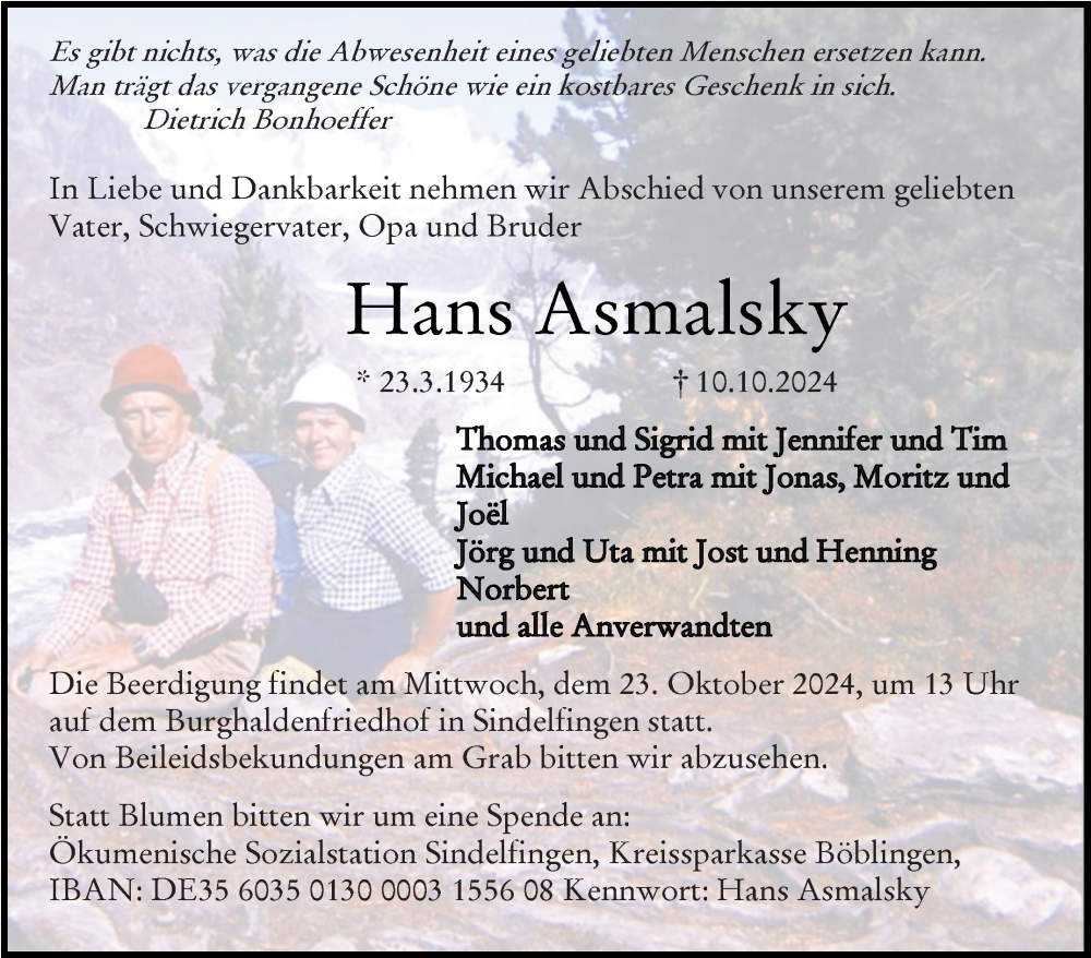  Traueranzeige für Hans Asmalsky vom 19.10.2024 aus Kreiszeitung Böblinger Bote