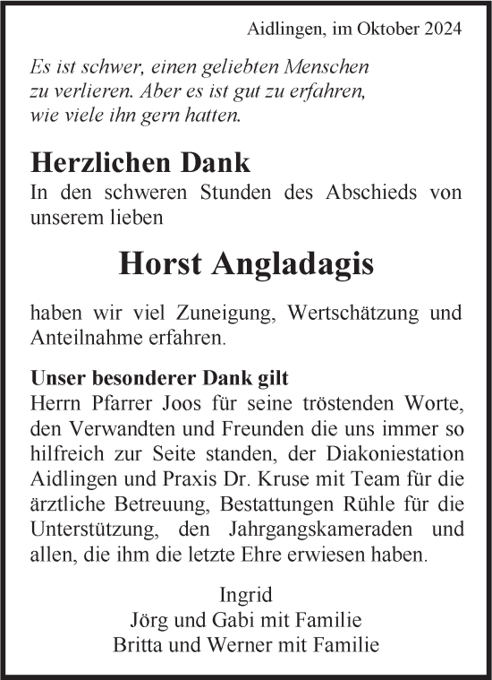 Traueranzeige von Horst Angladagis von Kreiszeitung Böblinger Bote