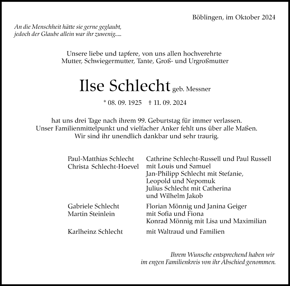  Traueranzeige für Ilse Schlecht vom 04.10.2024 aus Kreiszeitung Böblinger Bote