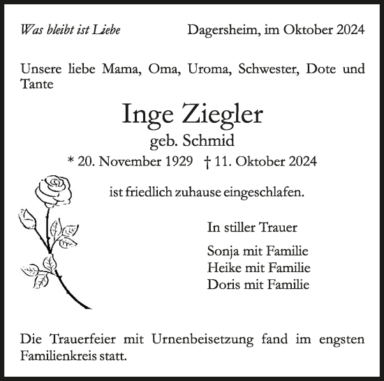 Traueranzeige von Inge Ziegler von Kreiszeitung Böblinger Bote