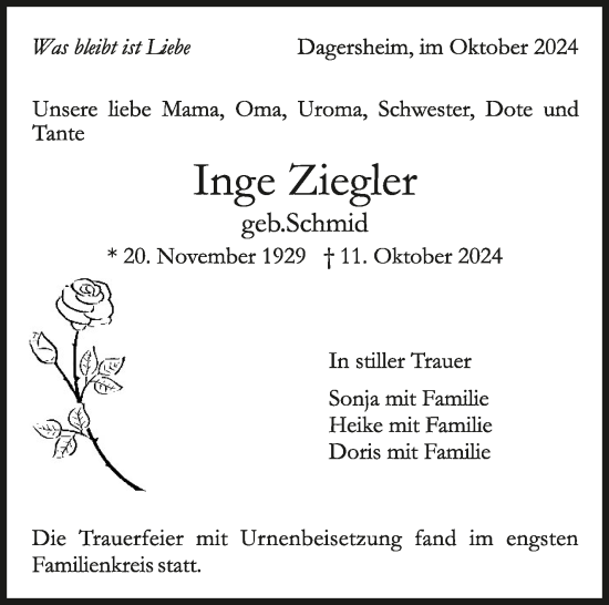 Traueranzeige von Inge Ziegler von Kreiszeitung Böblinger Bote