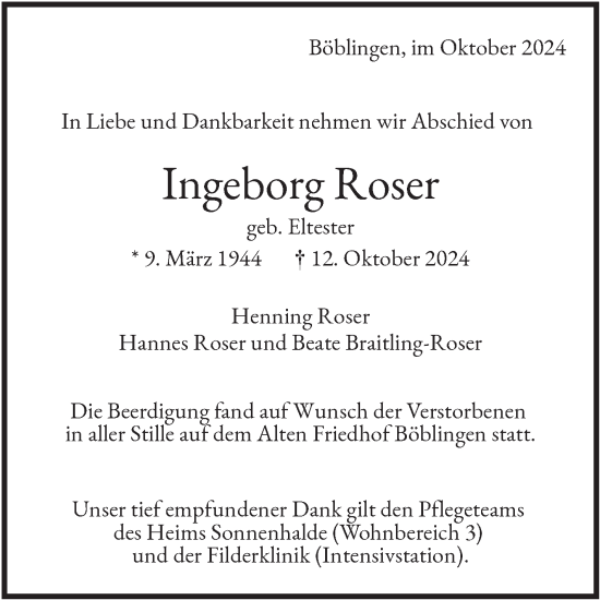 Traueranzeige von Ingeborg Roser von Kreiszeitung Böblinger Bote